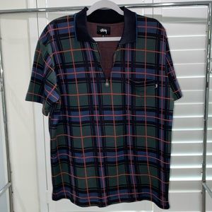 Stussy men’s Lion print pocket plaid short sleeve knit polo size medium